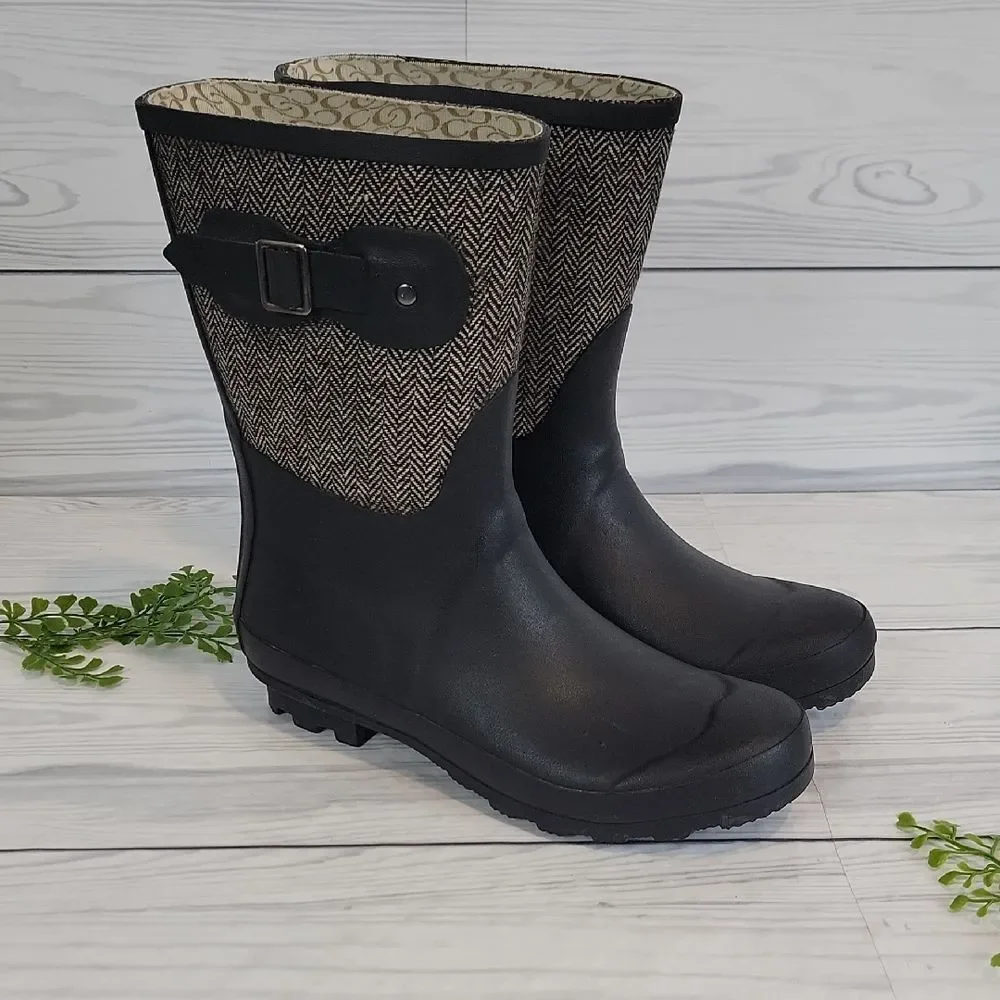 Chooka Rainboots Classic mid-calf Racer Herrinbone Black Womens Size 9
